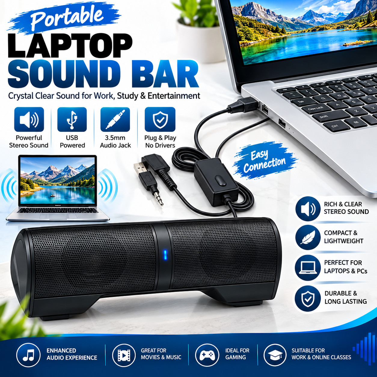USB Laptop Sound Bar 2.1 Channel Wired Computer Speakers Clip-On Black