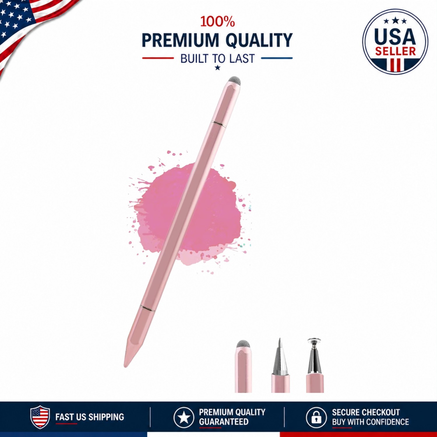3-in-1 Universal Stylus Pen for Touchscreen - Pink Metal, No Charging Needed