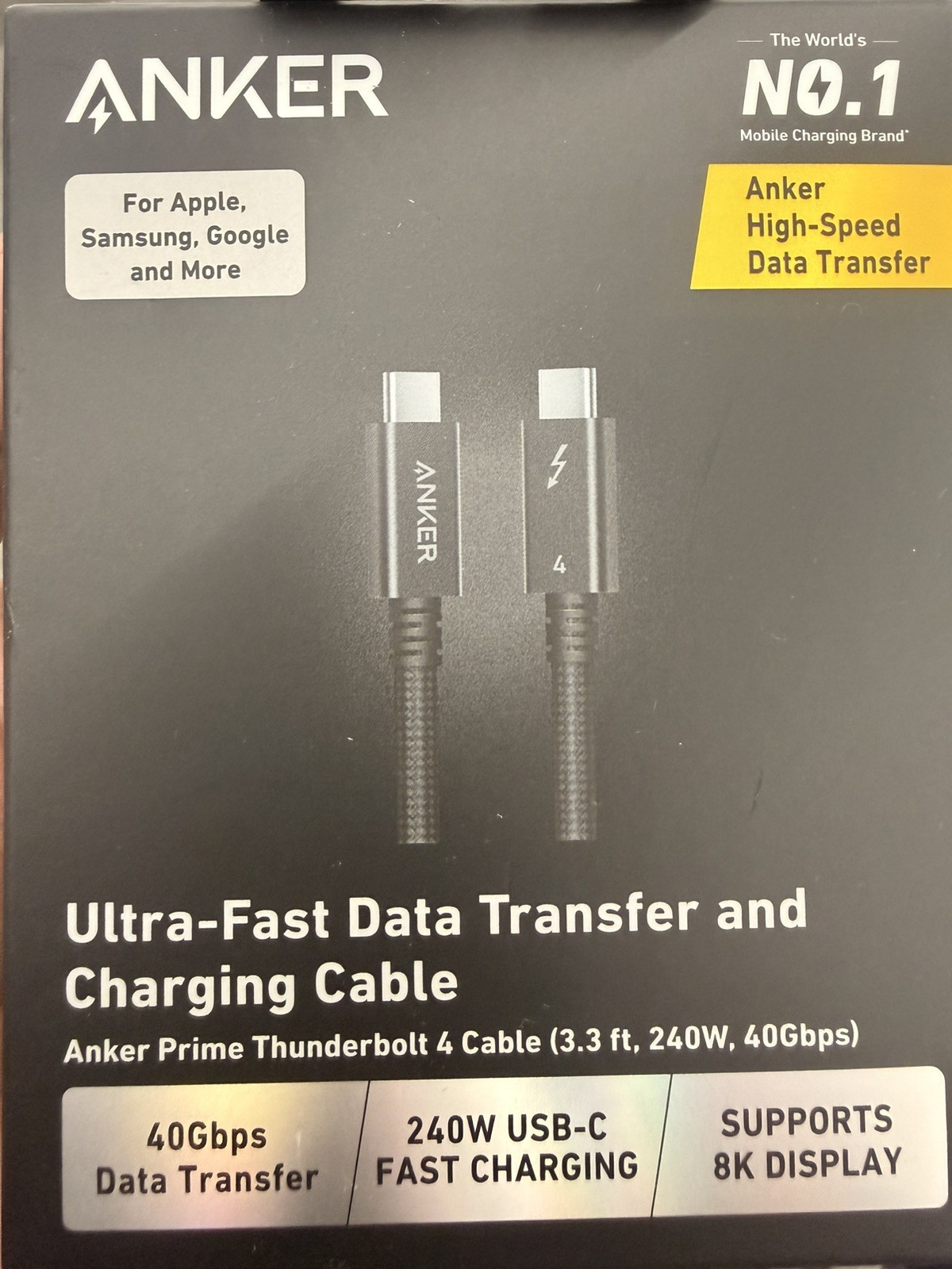 Anker Prime TB4 Cable 240W USB C to USB C Charging 3.3ft Thunderbolt 5-Certified