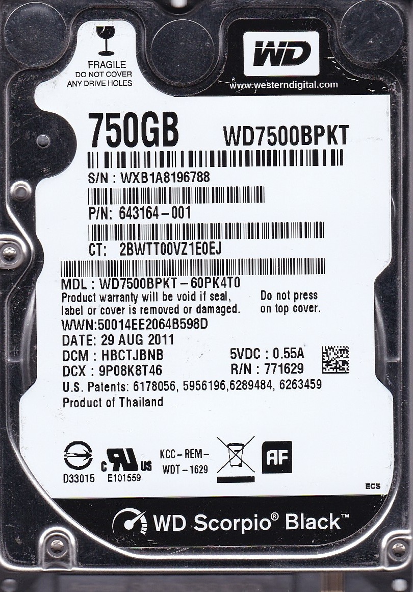 WD7500BPKT-60PK4T0 dcm: HBCTJBNB  WXB1A8 AUG 2011 750GB SATA 2.5 Western Digital
