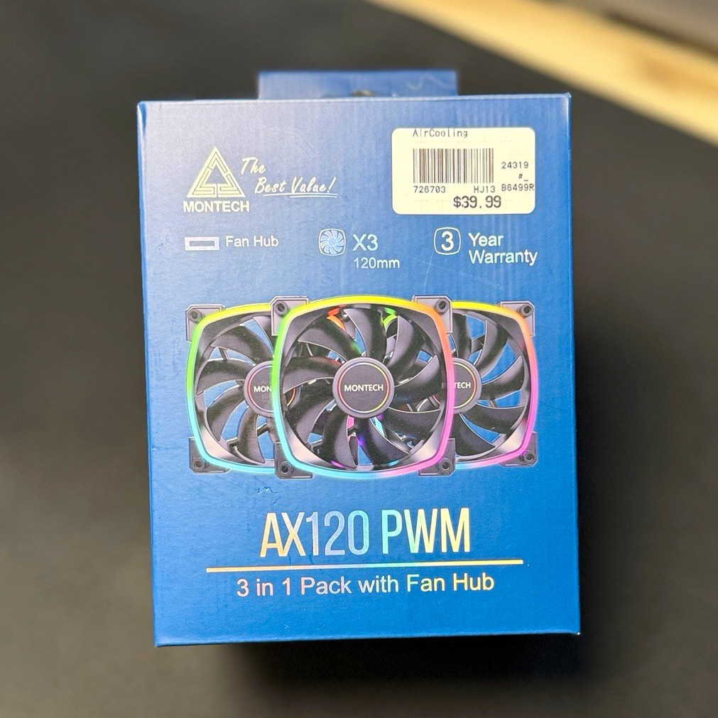 MONTECH AX120 PWM 120mm RGB Multicolor Case Fan 3-Pack w/ Hub, 4-Pin
