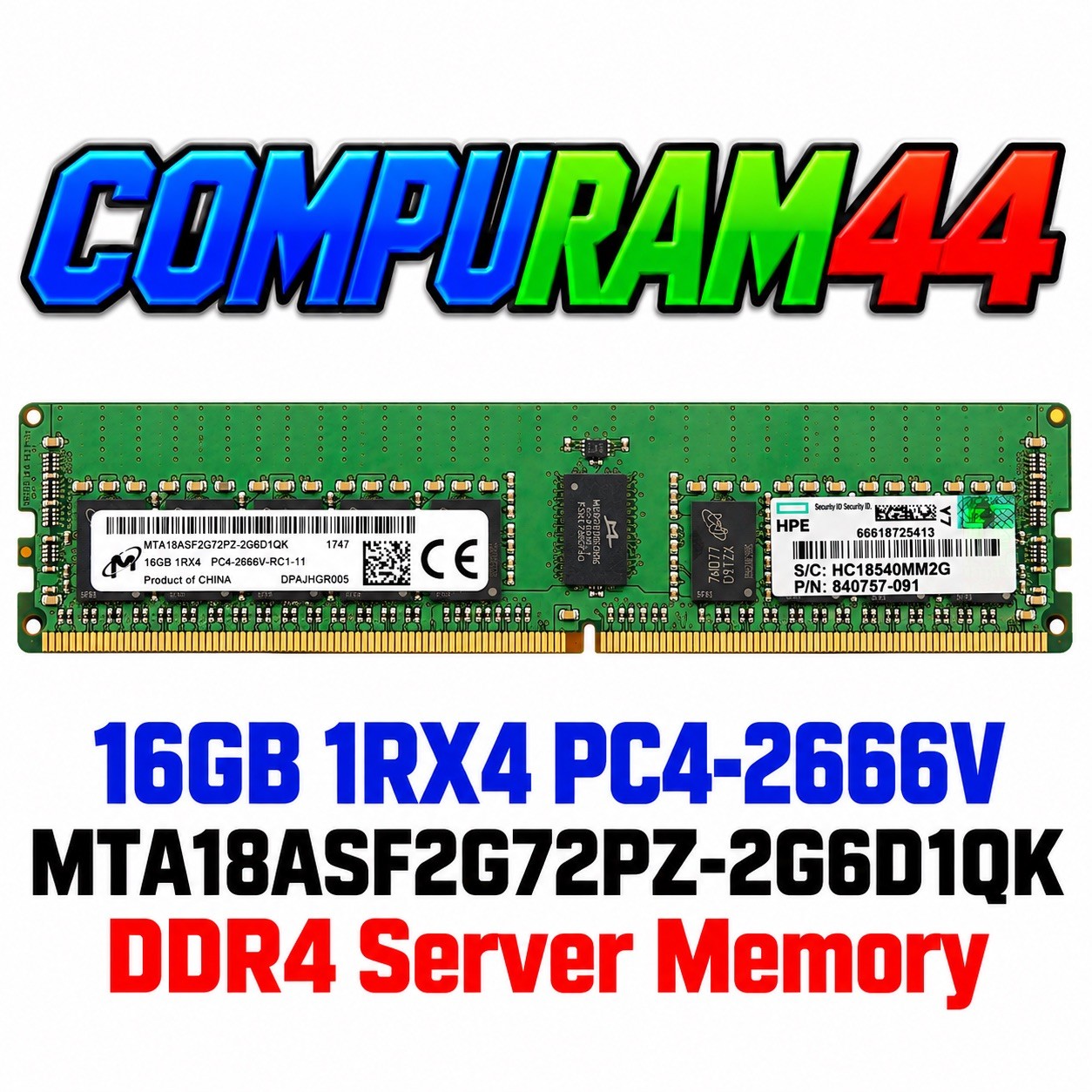 Lot of 12 Micron/HPE 16GB 1RX4 PC4-2666V DDR4 ECC RDIMM MTA18ASF2G72PZ-2G6D1QK