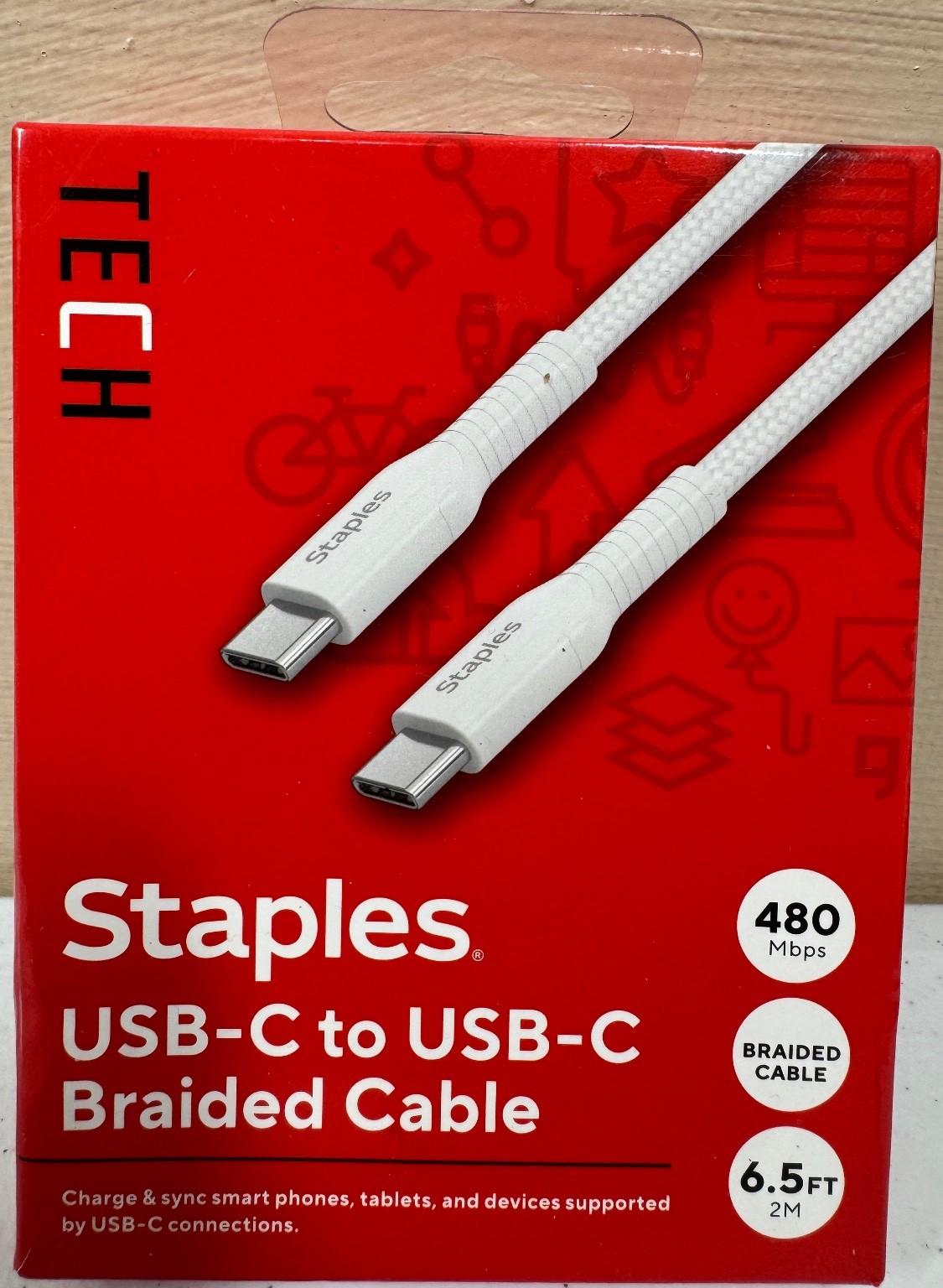 🍀 Staples Usb-c to Usb-c Braided Cable 6.5FT (2M) White 480Mbps Charge & Sync