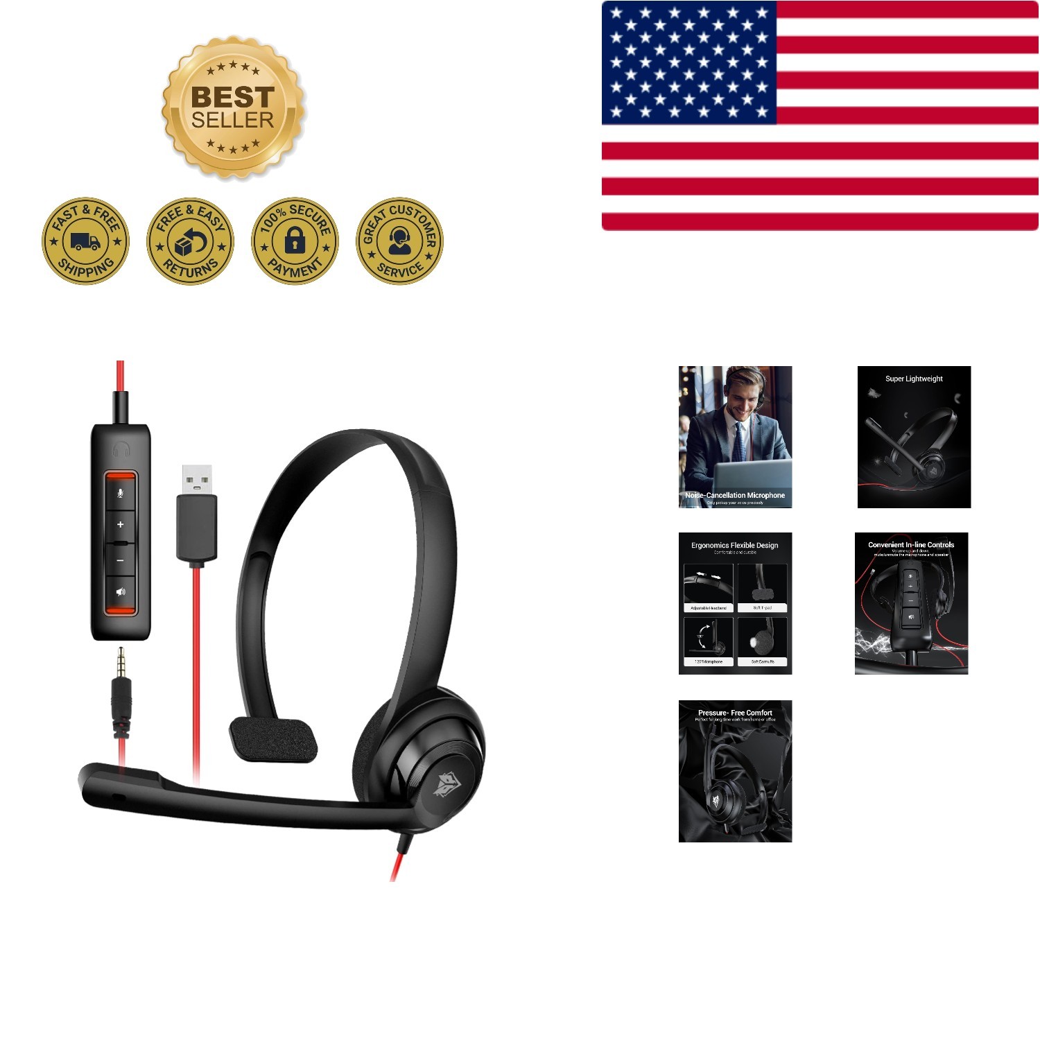 HW02 USB Headset: Noise Cancelling, Detachable Mic, & In-line Control for Cla...