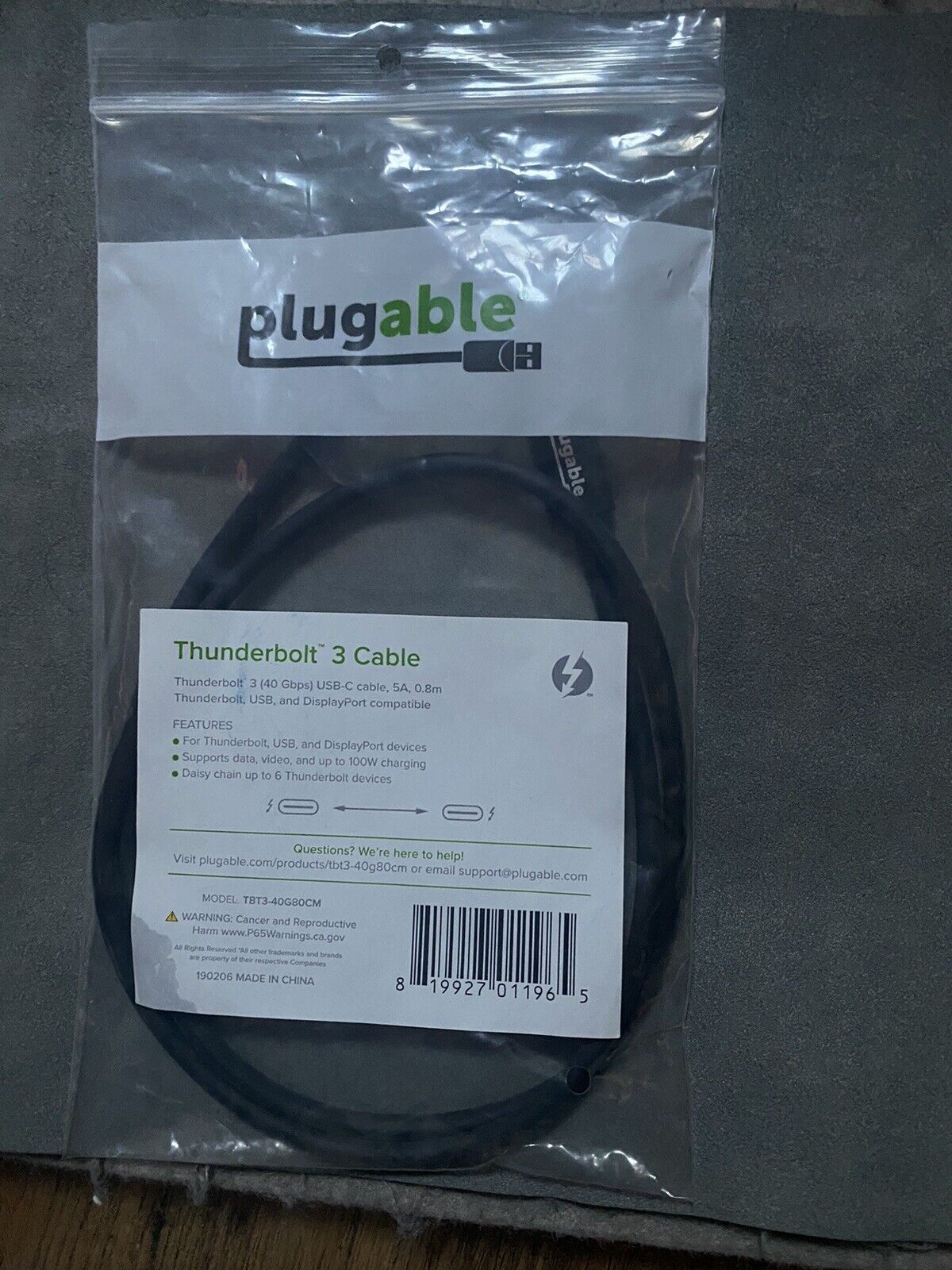 Plugable Thunderbolt 3 Cable 40Gbs Supports 100W (20V,5A) Charging