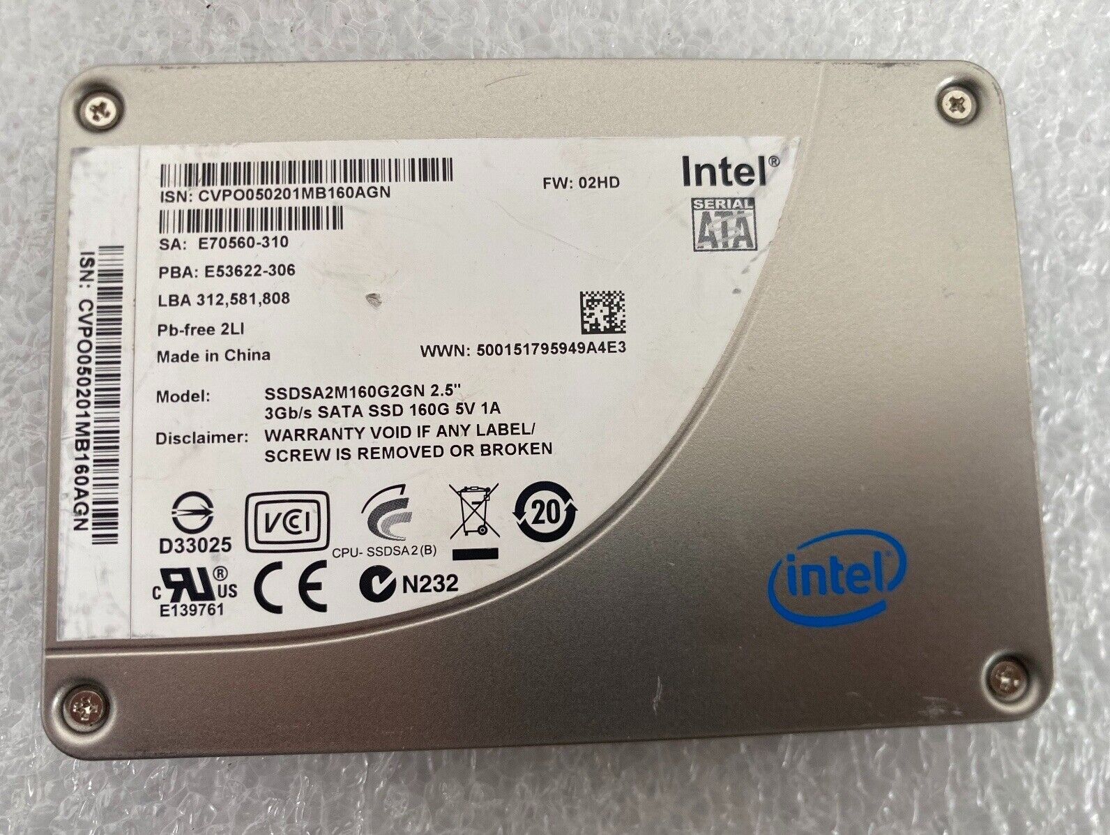 Intel 160 GB SATA 3Gb/s SSDSA2M160G2GN 2.5