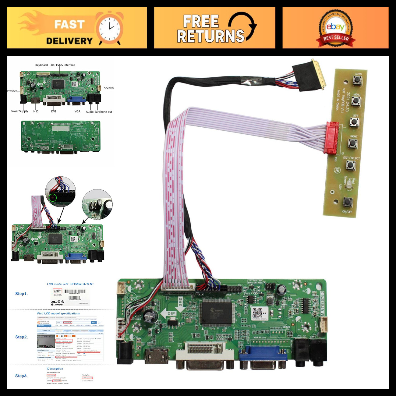 15.6" LCD Controller Board 40Pin for 1366x768 Displays, VGA DVI LVDs Compatible