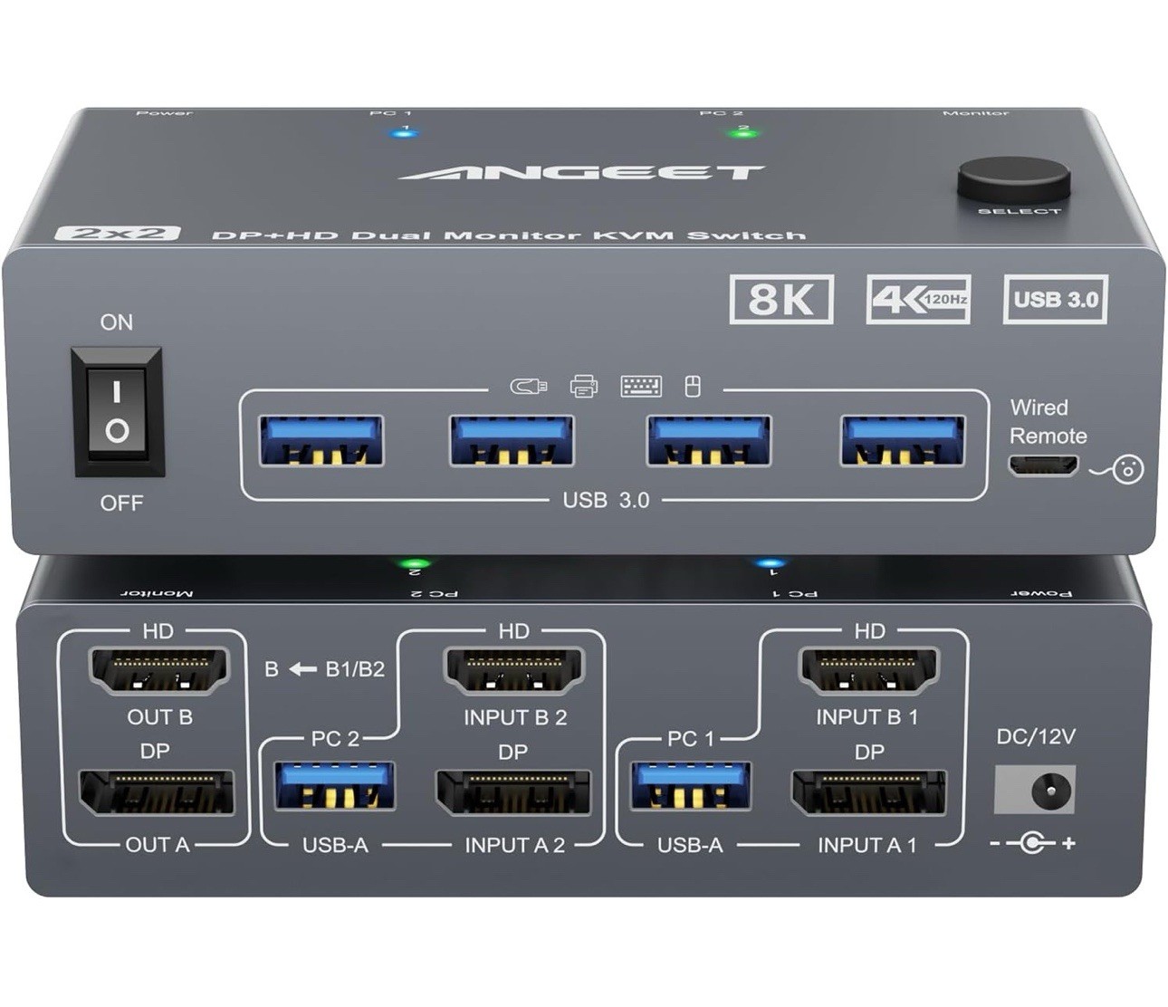 KVM Switch 2 Monitors 2 Computers 8K@60Hz, 4K@144Hz, ANGEET HDMI and Displayp...