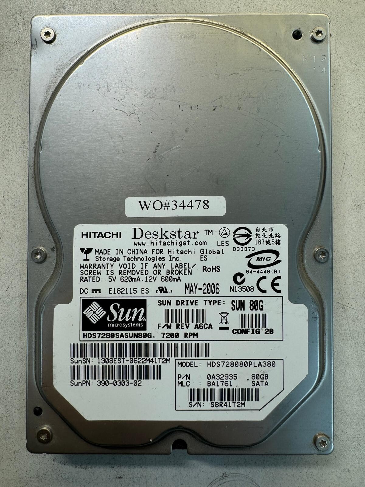 SUN 542-0388-01 HDS7280SASUN80G 80GB 7.2K RPM 3 Gb/s SATA 3.5" HDD