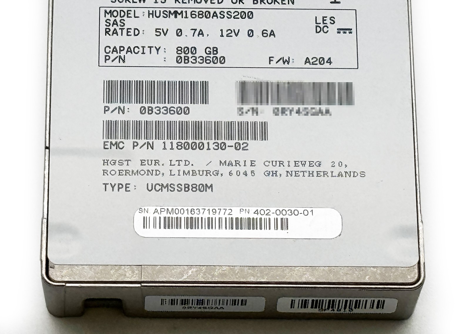 HGST 800GB 12Gbps SAS 2.5" Enterprise SSD Ultrastar HUSMM1680ASS200 StorageDrive