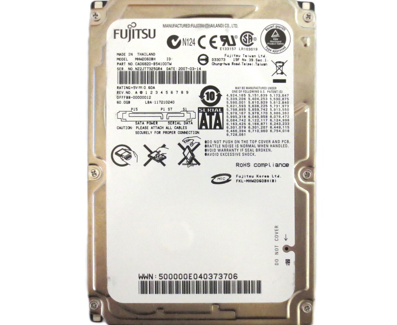 Fujitsu MHW2060BH CA06820-B54100TW 0FFFBB-00000012 2.5" 60gb Thailand 2007-03