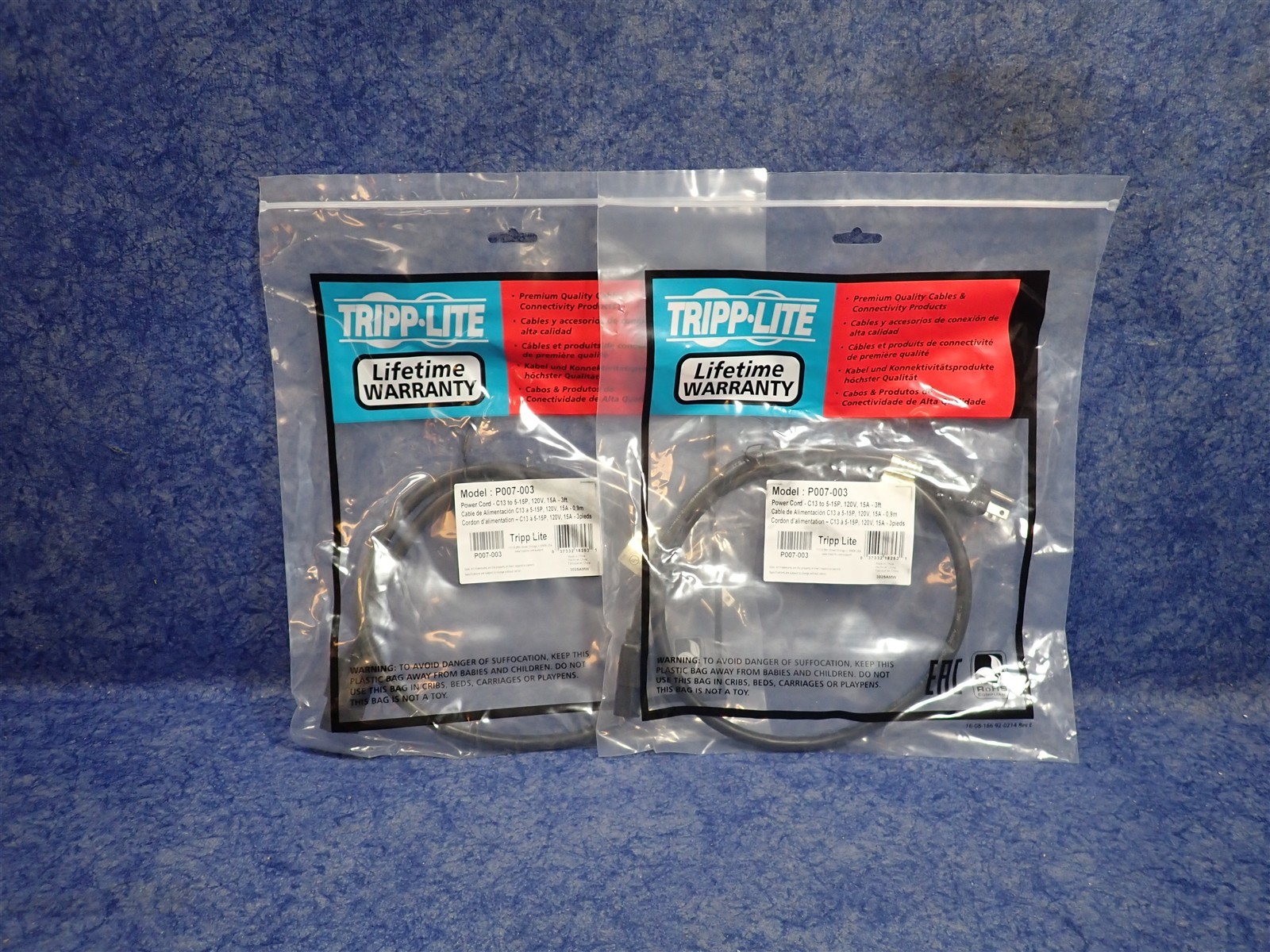 NEW Lot of 2 Tripp Lite P007-003 Power Cord, NEMA 5-15P-C13, 15A, 125V, 3' (D18)