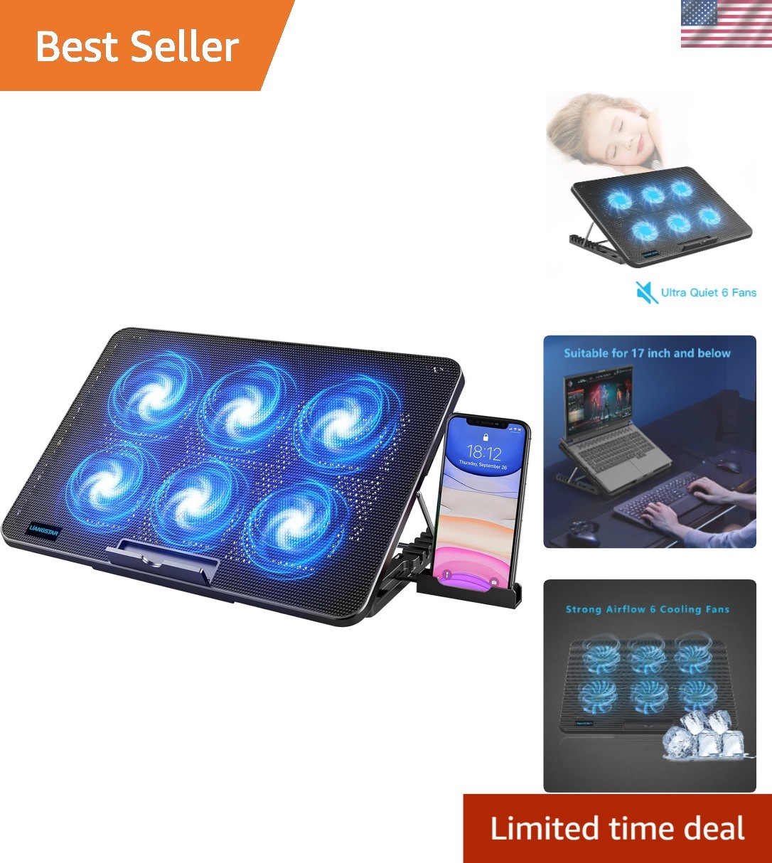 Versatile Cooling Pad with 6 Fans & 7 Height Adjustable Design for Laptops