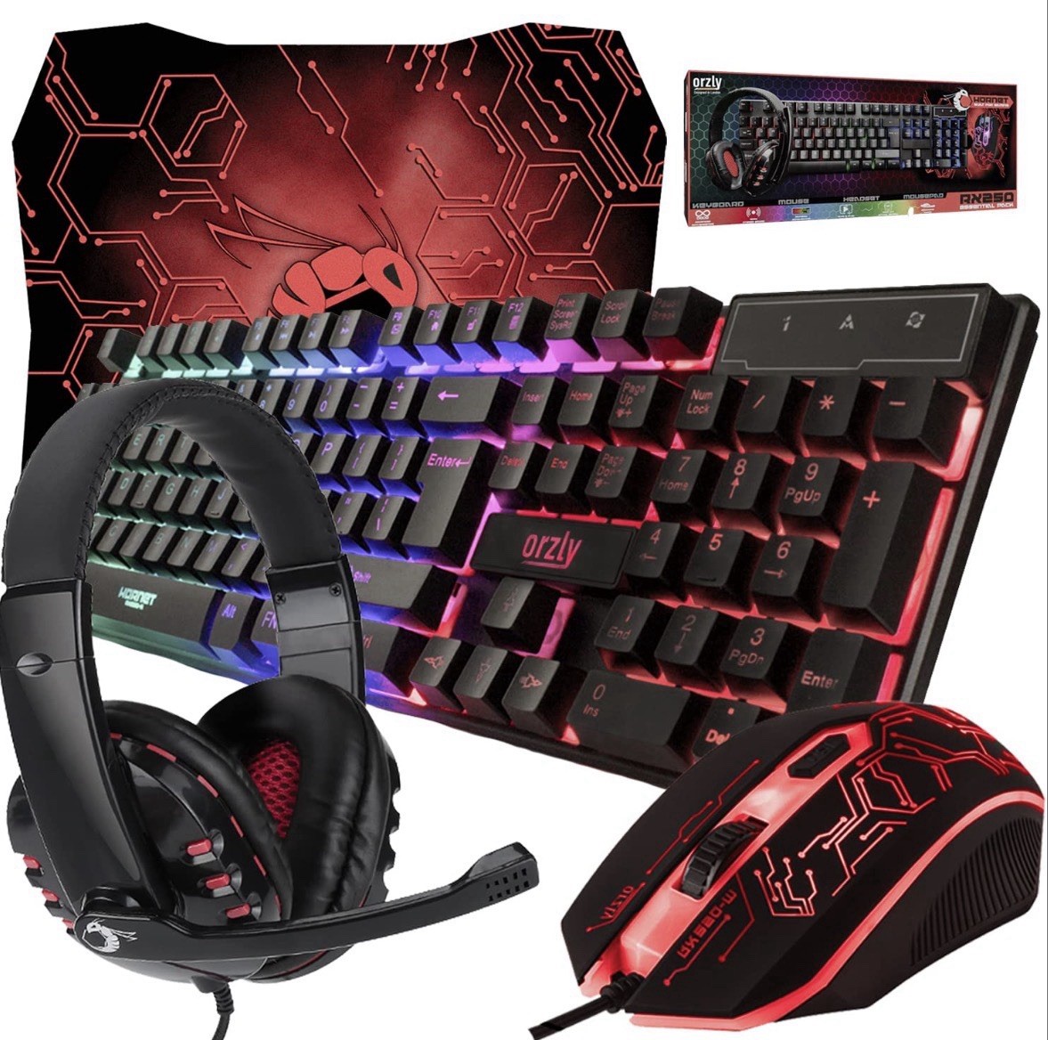 Orzly Hornet RX250 Essential Pack Gaming Keyboard Mouse Headset Mousepad RGB