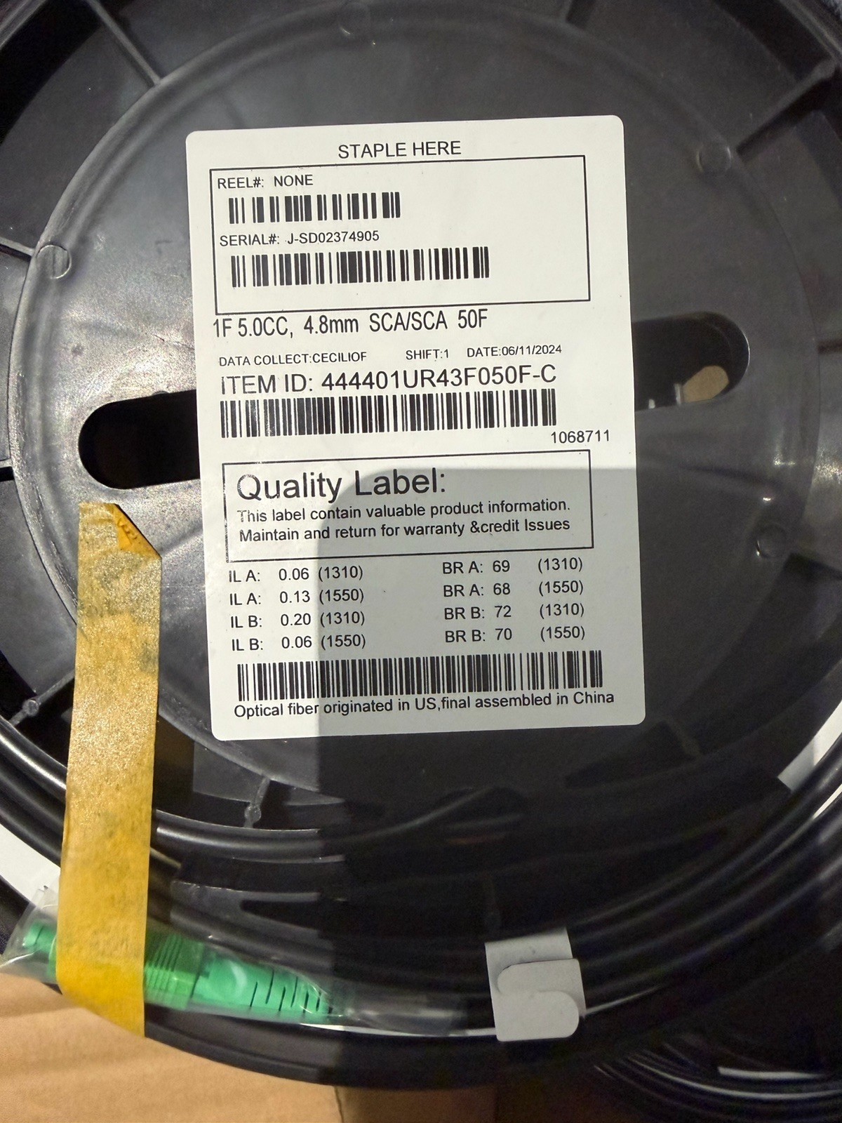 Corning 50FT 444401UR43F050F-C SM Fiber Jumper, SCA/SCA 4.8mm Patch *SHIPS FREE*