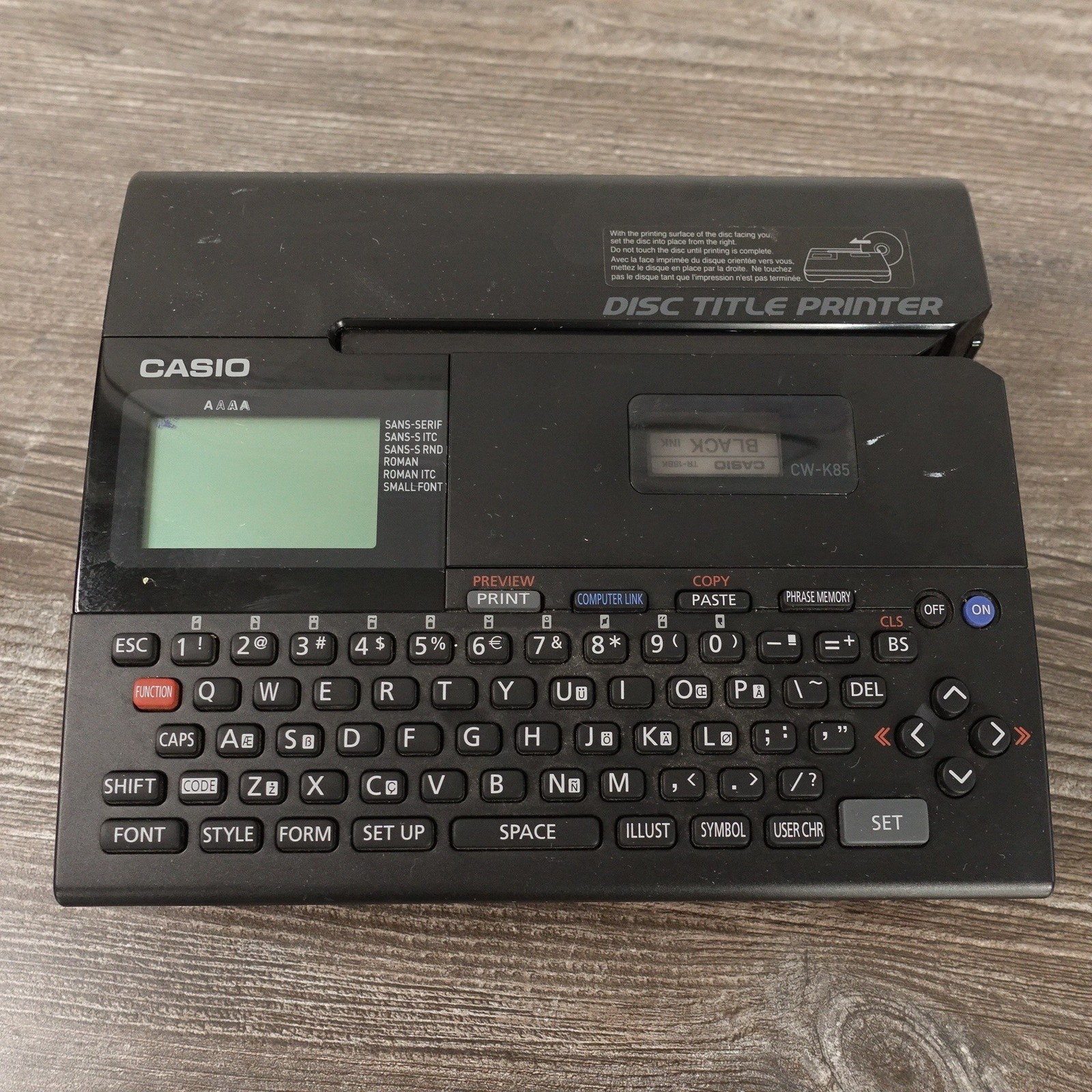 Casio CW-K85 Disc Title Printer Black Good QWERTY Keyboard CD DVD Labeler