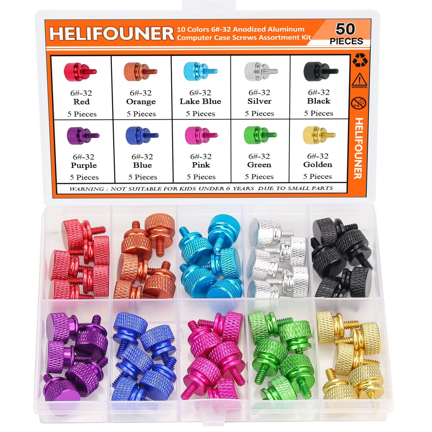 50 Pack 6-32 Thread Anodized Aluminum Thumbscrews for Computer Cases & Drives
