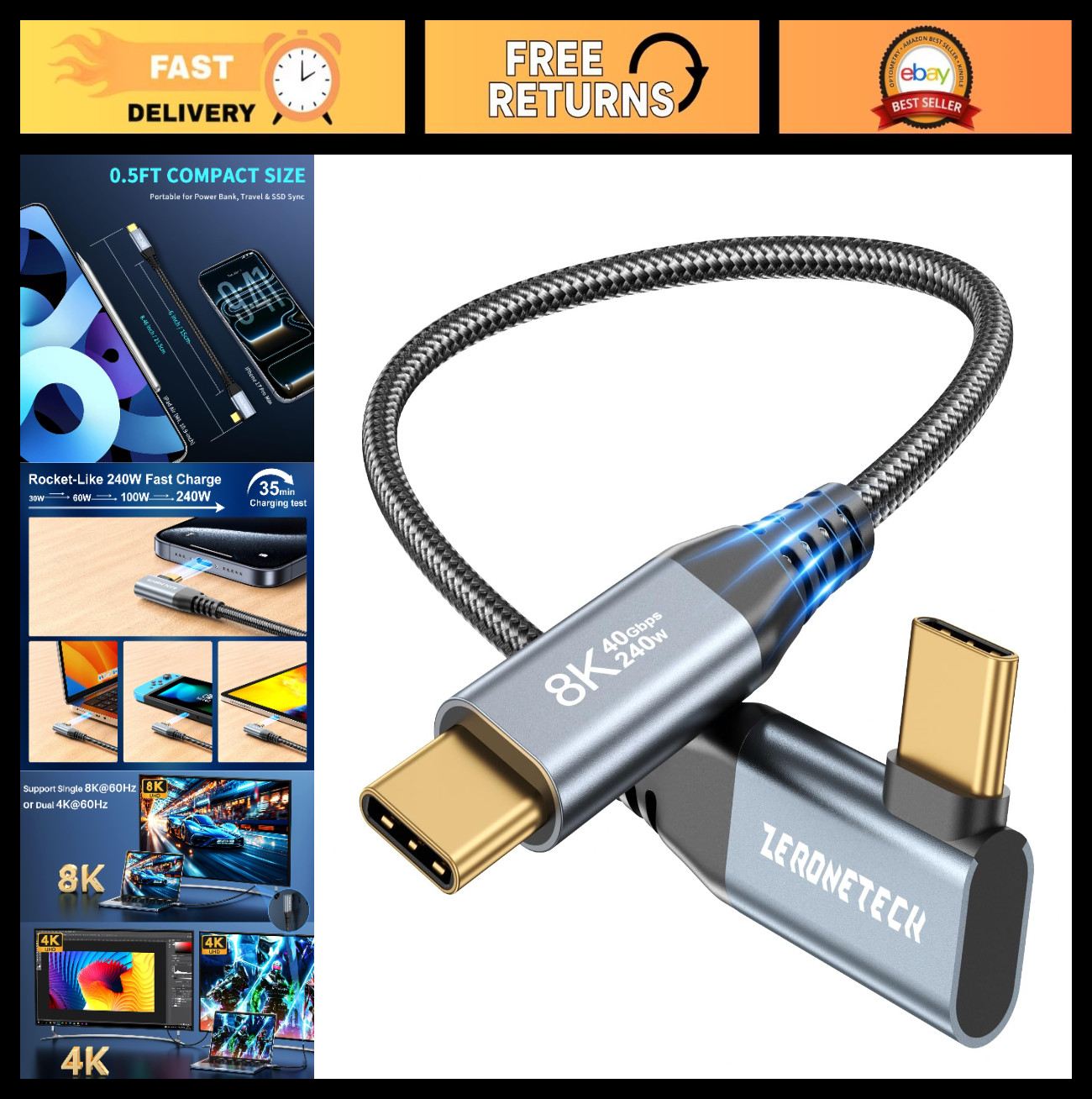 6 inch USB C for Thunderbolt 4 Cable 0.5FT, [Durable] 40Gbps High Speed Data