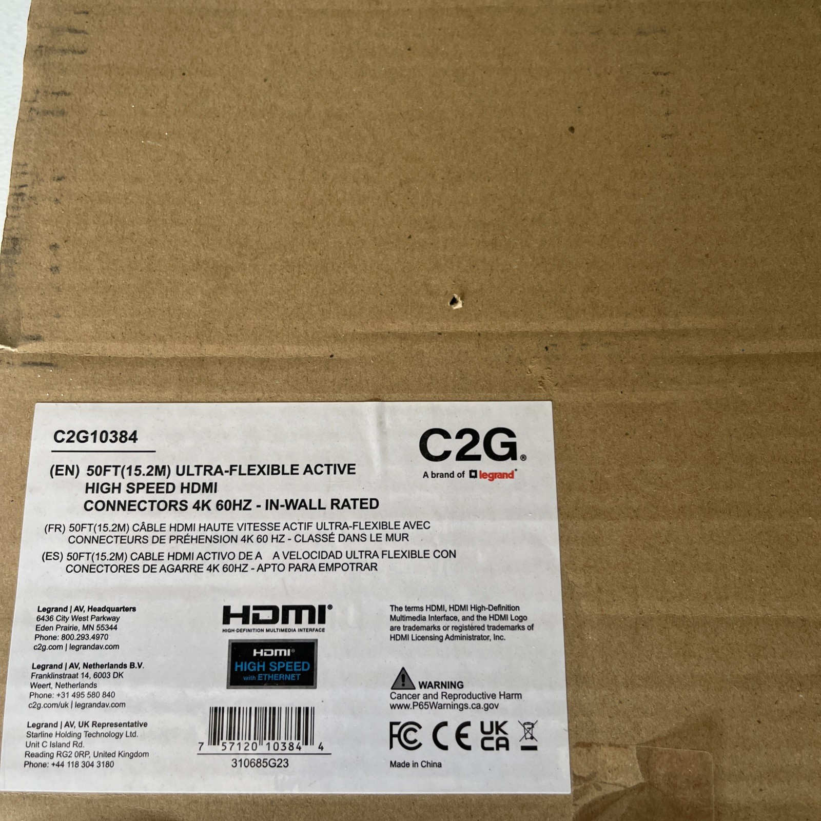 C2G Ultra Flexible 4K Active HDMI 50ft Cable C2G10384 In Wall Rated - New Sealed
