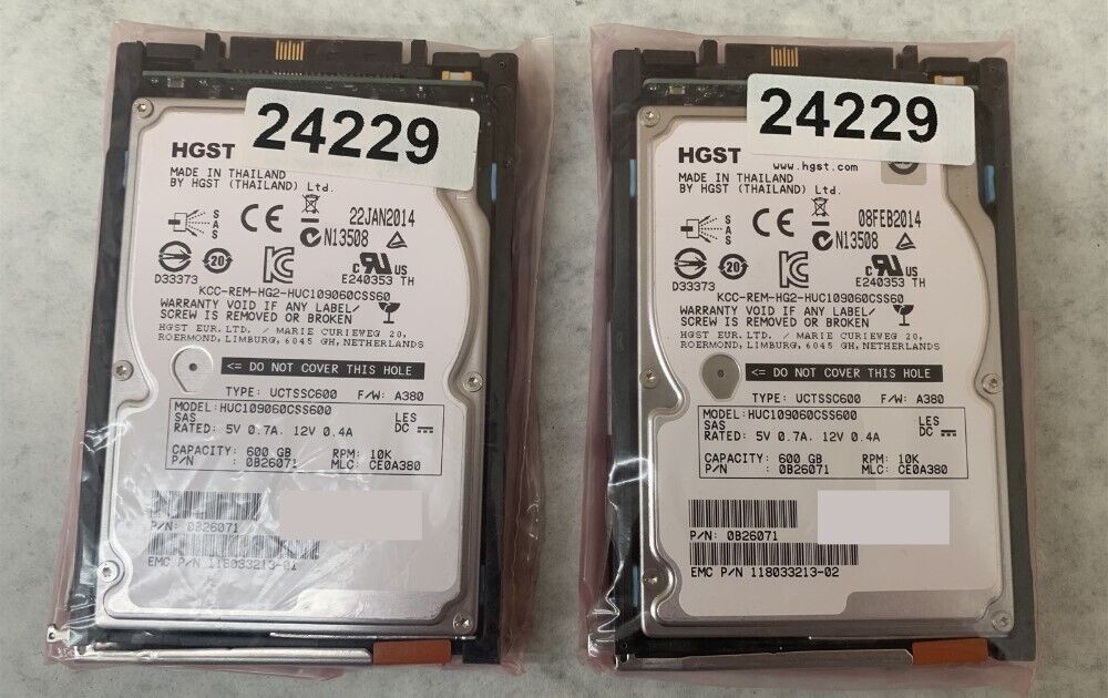 Lot/2 HGST EMC HUC109060CSS600 SAS 2.5" 600GB 10K 0B26071 118033213-01 & -02 HDD
