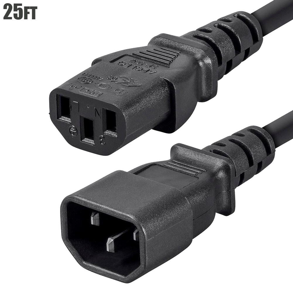 25FT 16/3 Power Extension Cord Cable IEC60320 C14 to C13 16AWG 3-Prong 13A Black