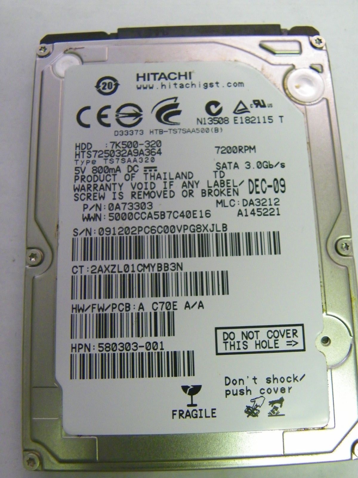 Hitachi HTS725032A9A364 P/N:0A73303 MLC:DA3212 FW:A C70E A/A 320GB 2.5" SATA 