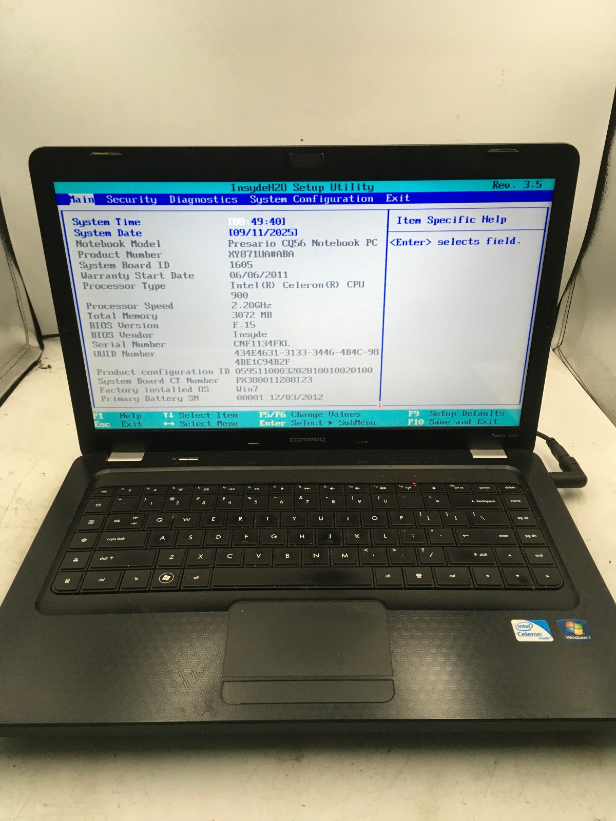 HP PRESARIO CQ56 - BOOTS TO BIOS - INTEL CELERON - 3GB RAM - 15" - READ DESC -BB