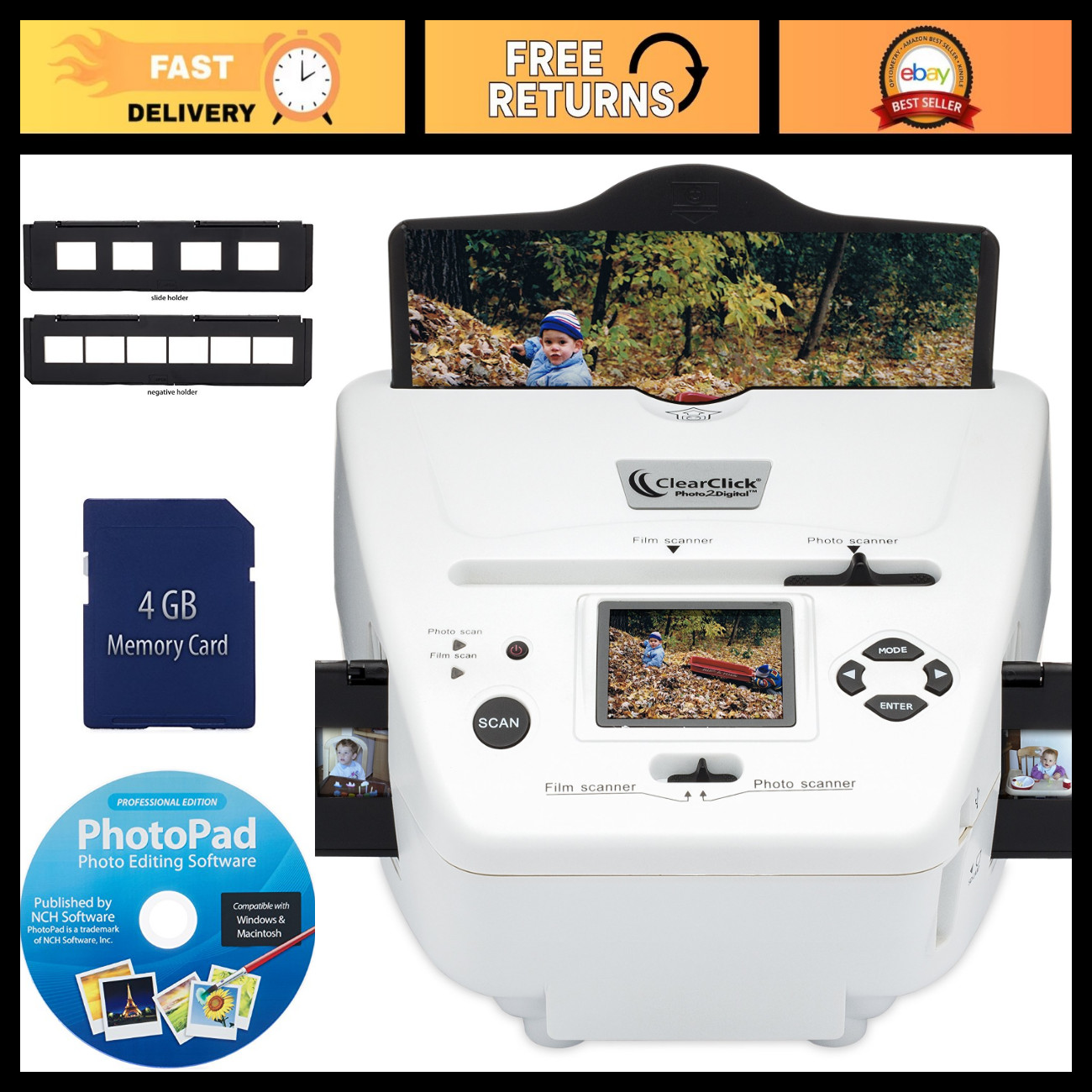 Digital Photo, Slide & Film Scanner - 4GB Memory Card & Editing Software Include