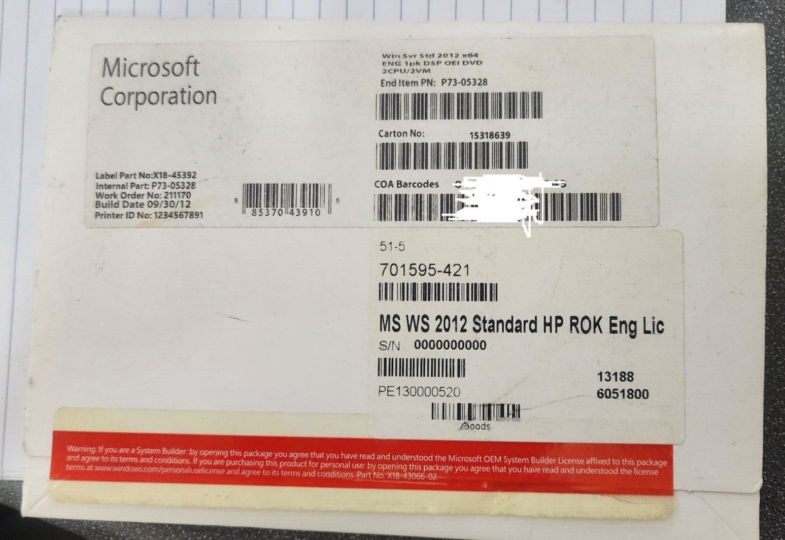 Microsoft Windows Svr Std 2012 x64 ENG 1pk DSP OEI DVD 2CPU/2VM 701595-421 - NEW