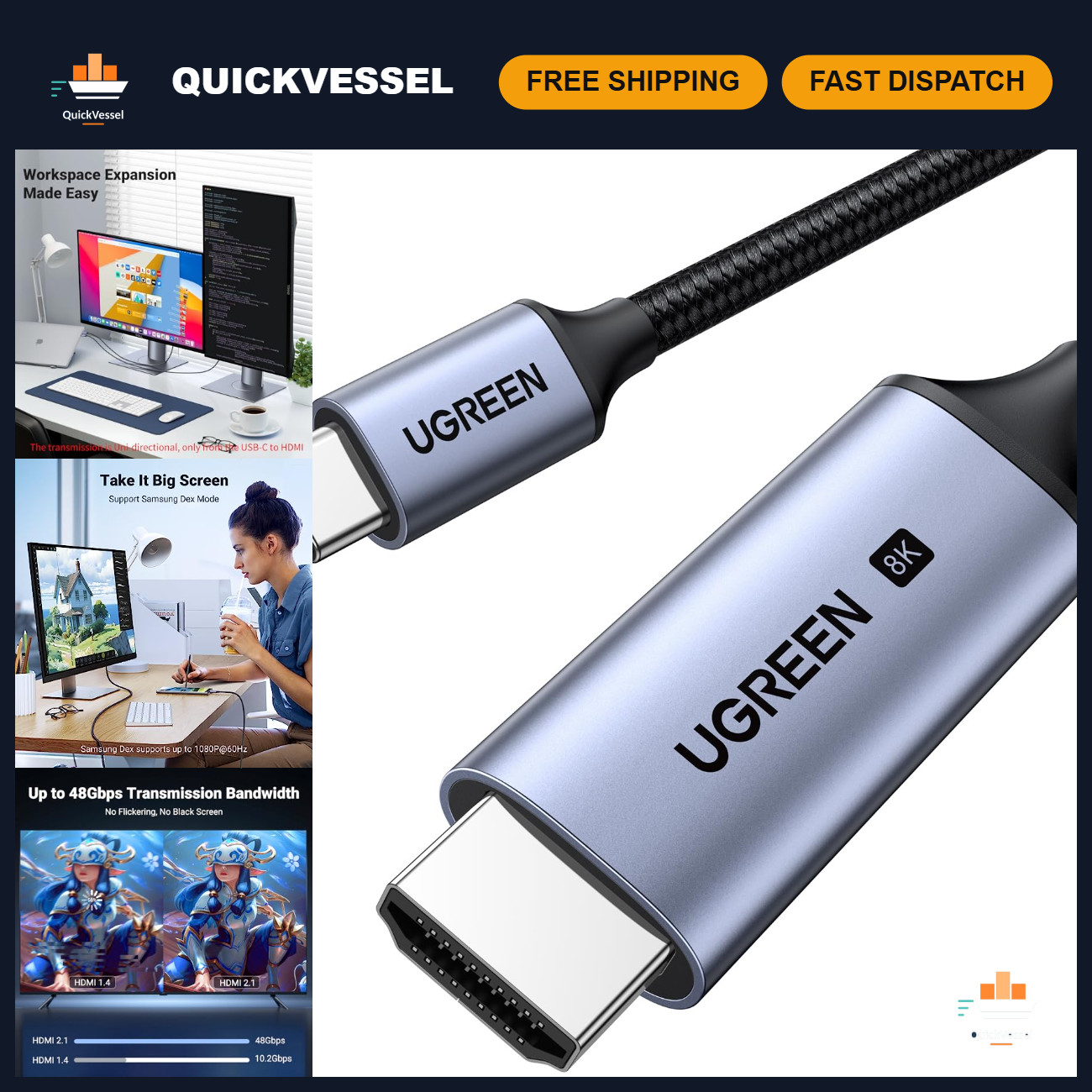8K HDMI 2.1 Cable USB C to HDMI 4K@240Hz for Home Office, 6.6FT High-Speed