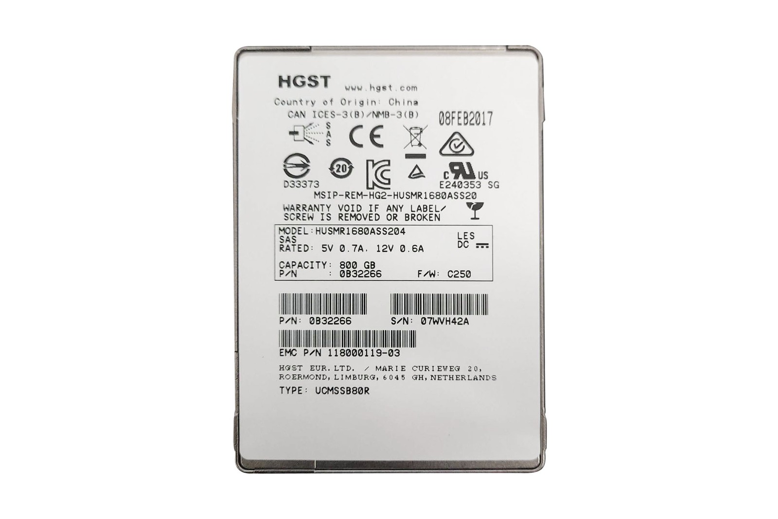 Hard Drive EMC 800GB SSD SAS 12G 2.5" MLC RI 4KN 118000119
