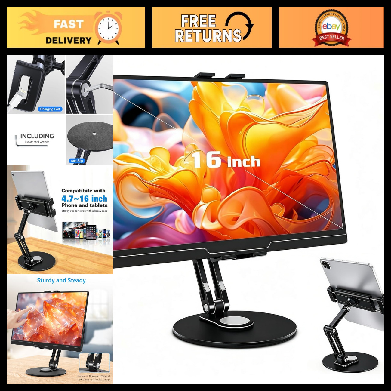 360° Rotatable Aluminum Tablet Stand - Foldable Multi-Angle Holder for 4.7-16" D