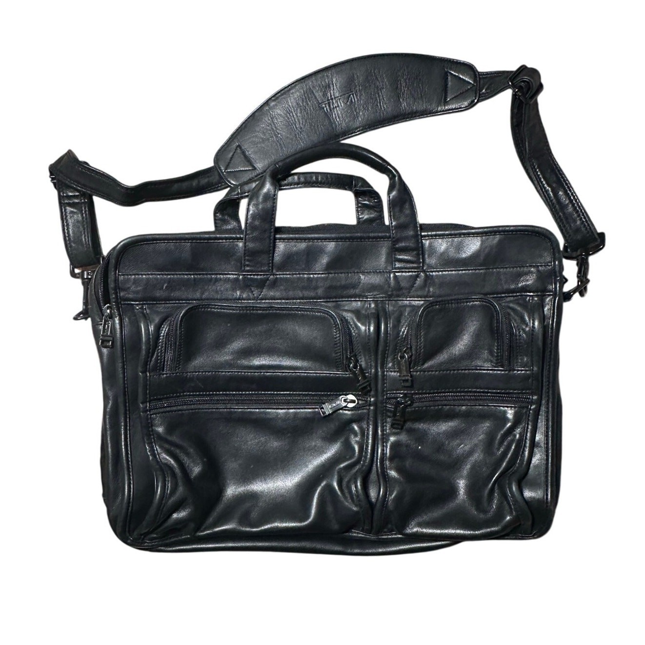Tumi Genuine Leather Laptop Messenger Bag Black Standard Size 12x16 1F
