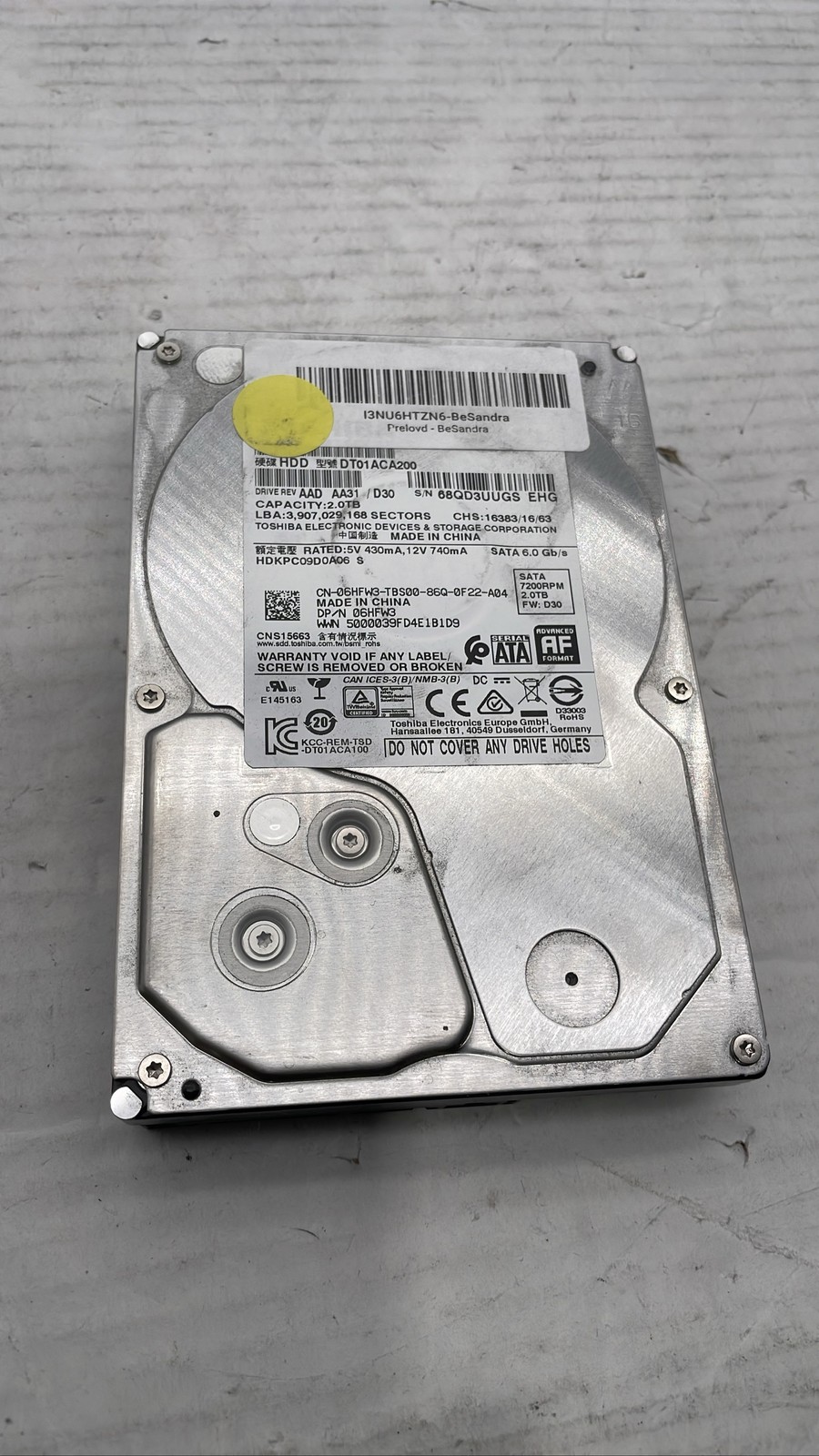 Toshiba DT01ACA200 2TB SATA 6Gb/s HDD 06HFW3 7200RPM