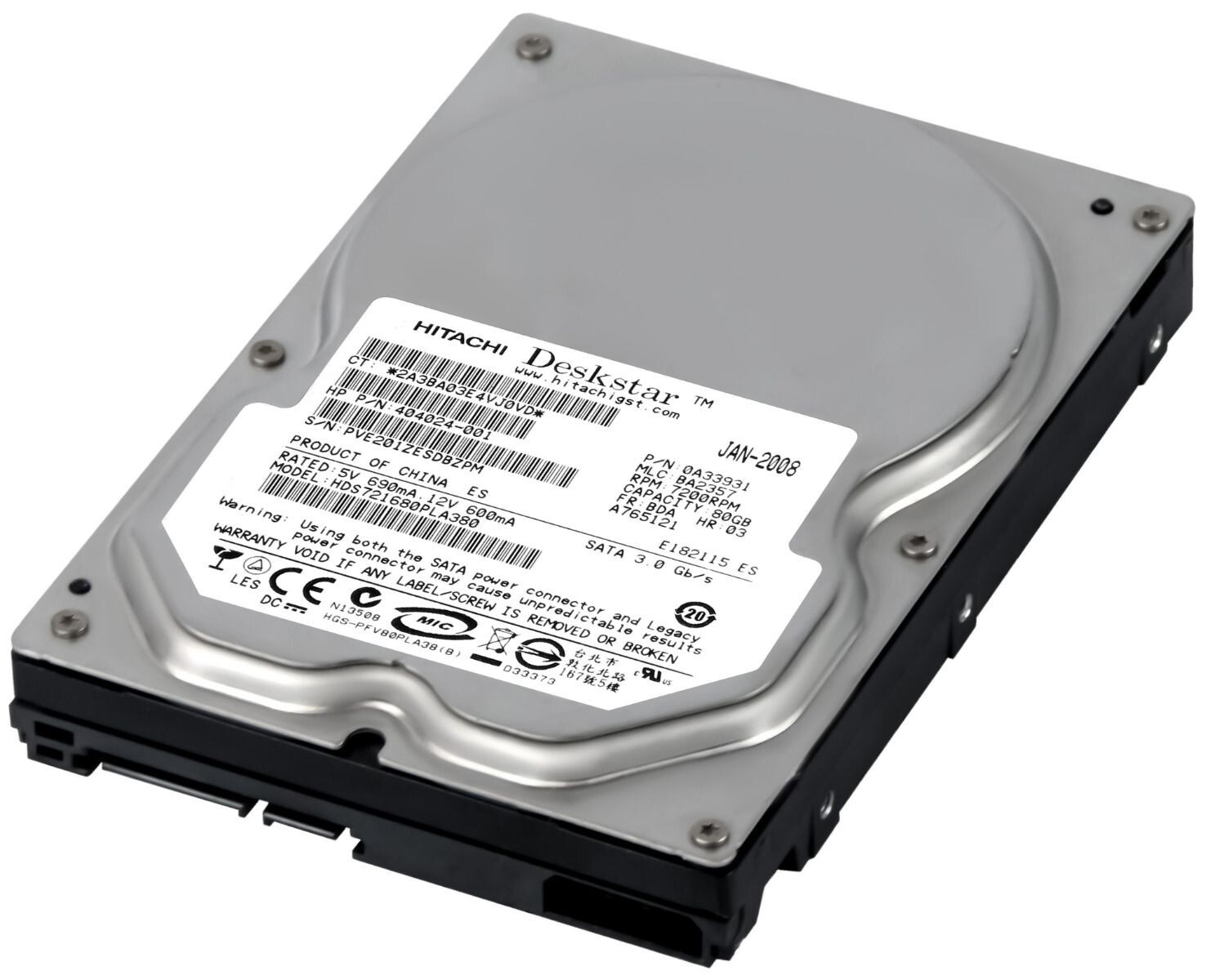 HARD DRIVE HP 404024-001 HDS721680PLA380 80GB 7.2K 8MB SATA II 3.5''