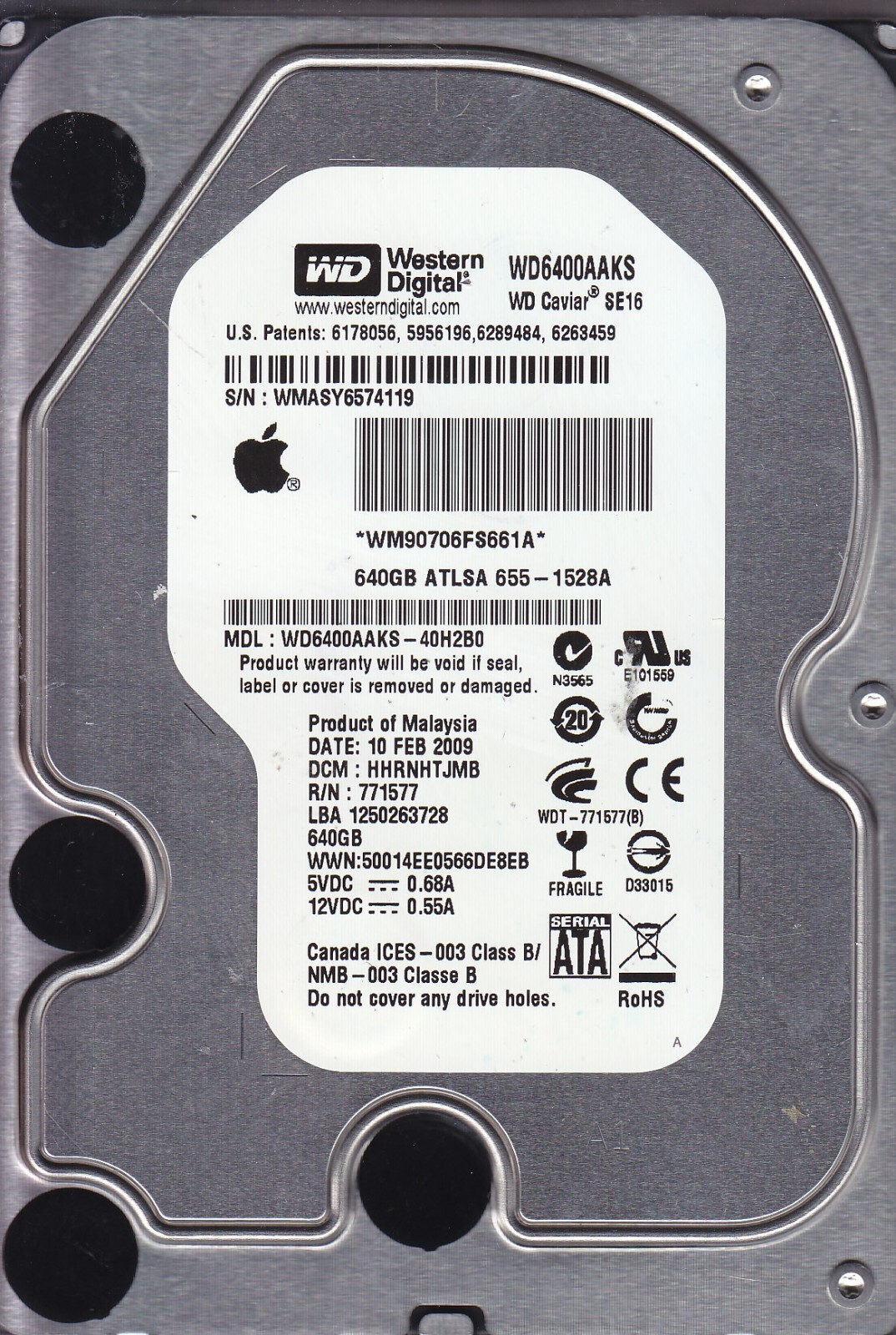 WD6400AAKS-40H2B0 dcm: HHRNHTJMB  Apple 655-1528A  640GB SATA HDD 3.5 4514