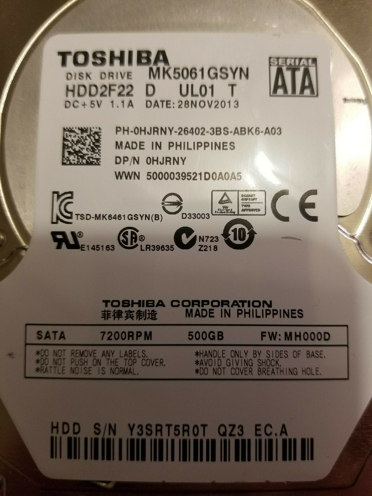 Toshiba MK5061GSYN 500GB HDD2F22 D UL01 T 2.5" SATA HD FW MH000D 