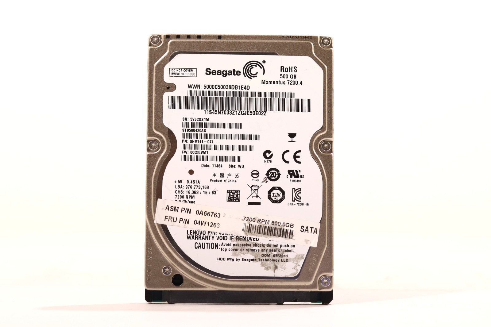 Lenovo ST9500420AS 500GB 2.5" 3Gb/s 7.2K RPM SATA Hard Drive FRU P/N: 04W1263