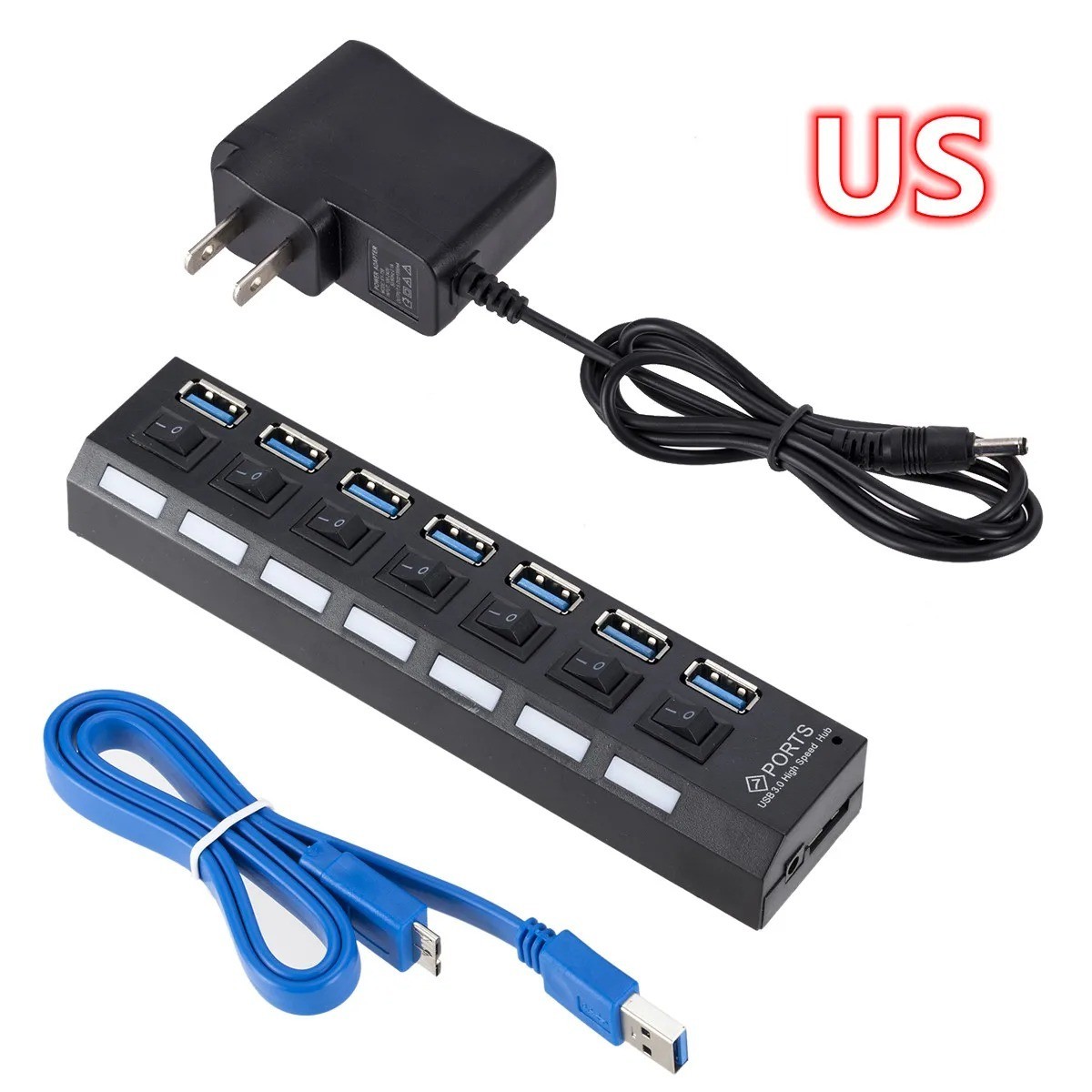 USB 3.0 Hub 7 Port On/Off Switch High Speed Splitter AC Adapter Cable PC Laptop