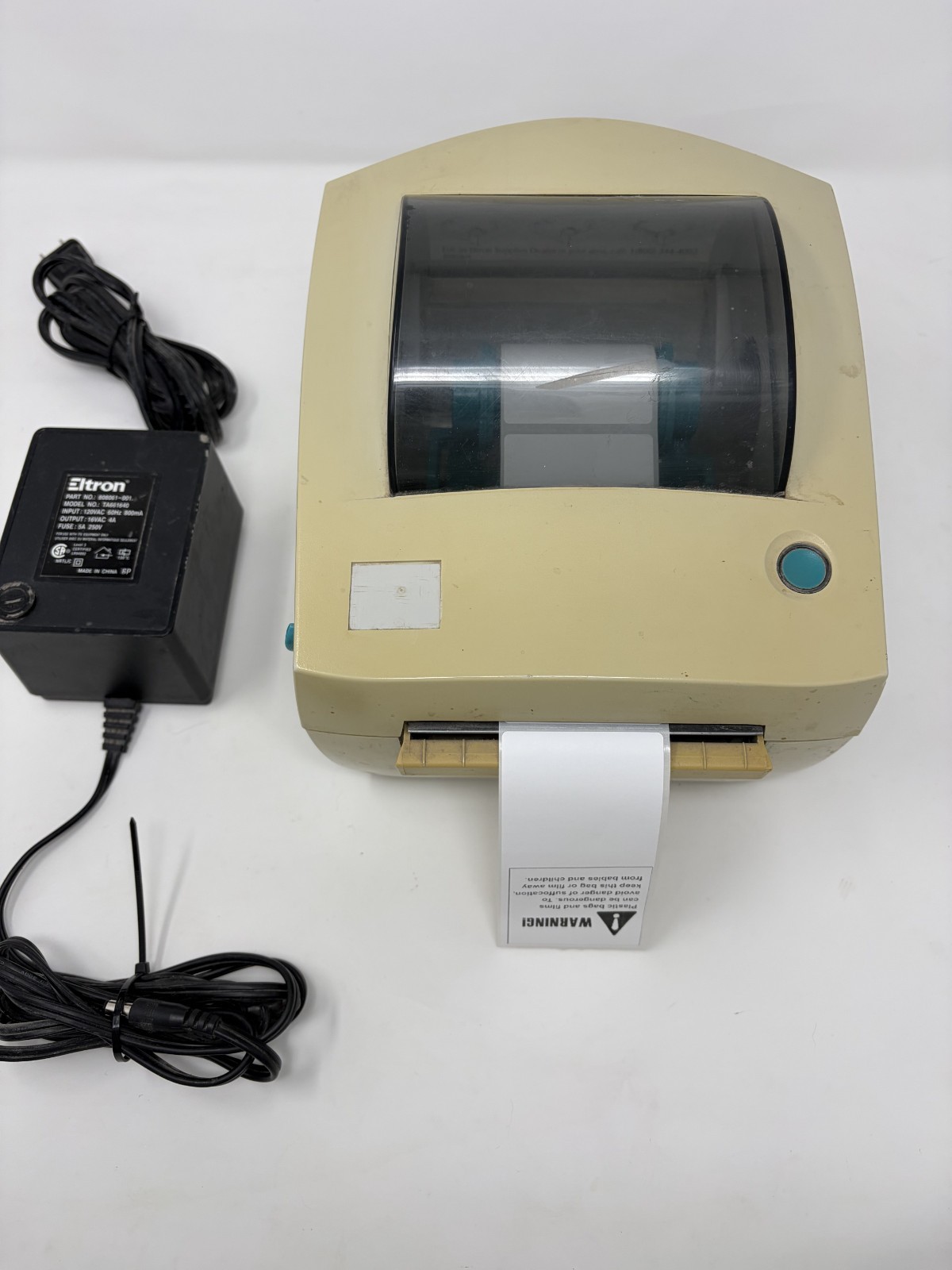 Zebra LP 2844 printer with power, LPT to USB cable.