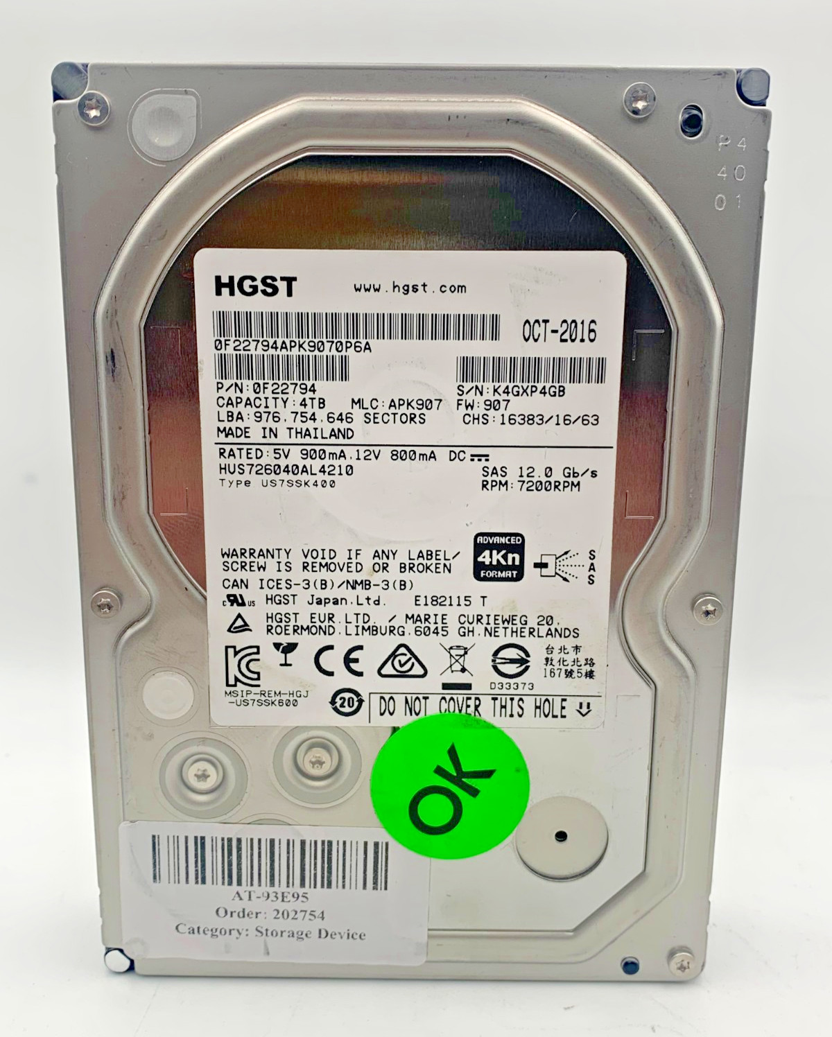 HGST Ultrastar 7K6000 4TB SAS 12Gb/s 7200RPM 3.5" HDD HUS726040AL4210 0F22794