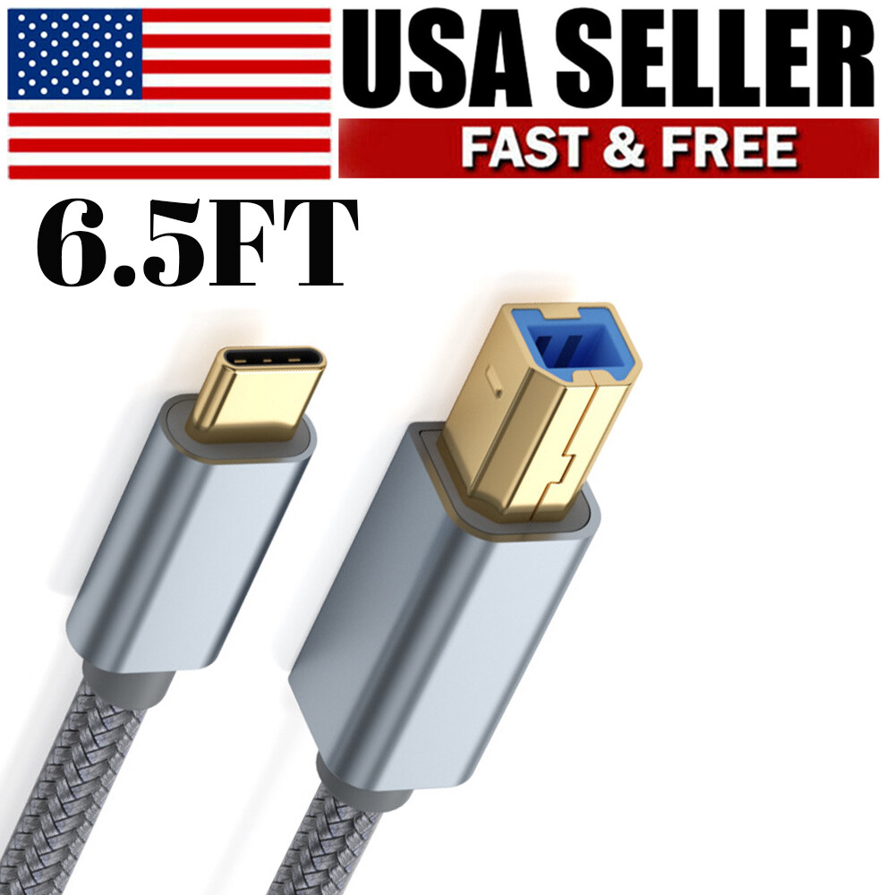 6.5FT USB-C to USB-B 2.0 Cable Nylon for Epson HP Canon Brother Printer Scanner