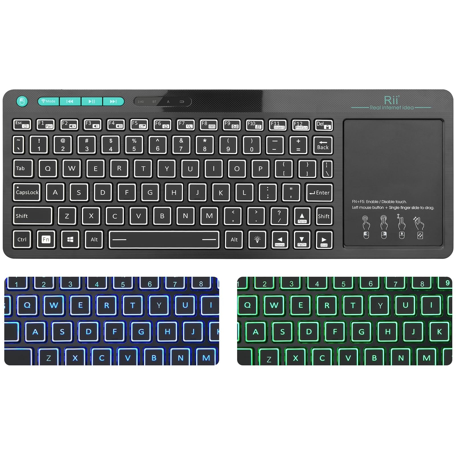 Rii RT518S Bluetooth 2.4GHz Wireless Keyboard Trackpad Blue Green Backlit