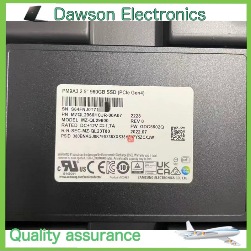 Used Samsung PM9A3 960GB 2.5” SSD U.2 PCle 4.0 X4 MZQL2960HCJR-00A07、00BAL