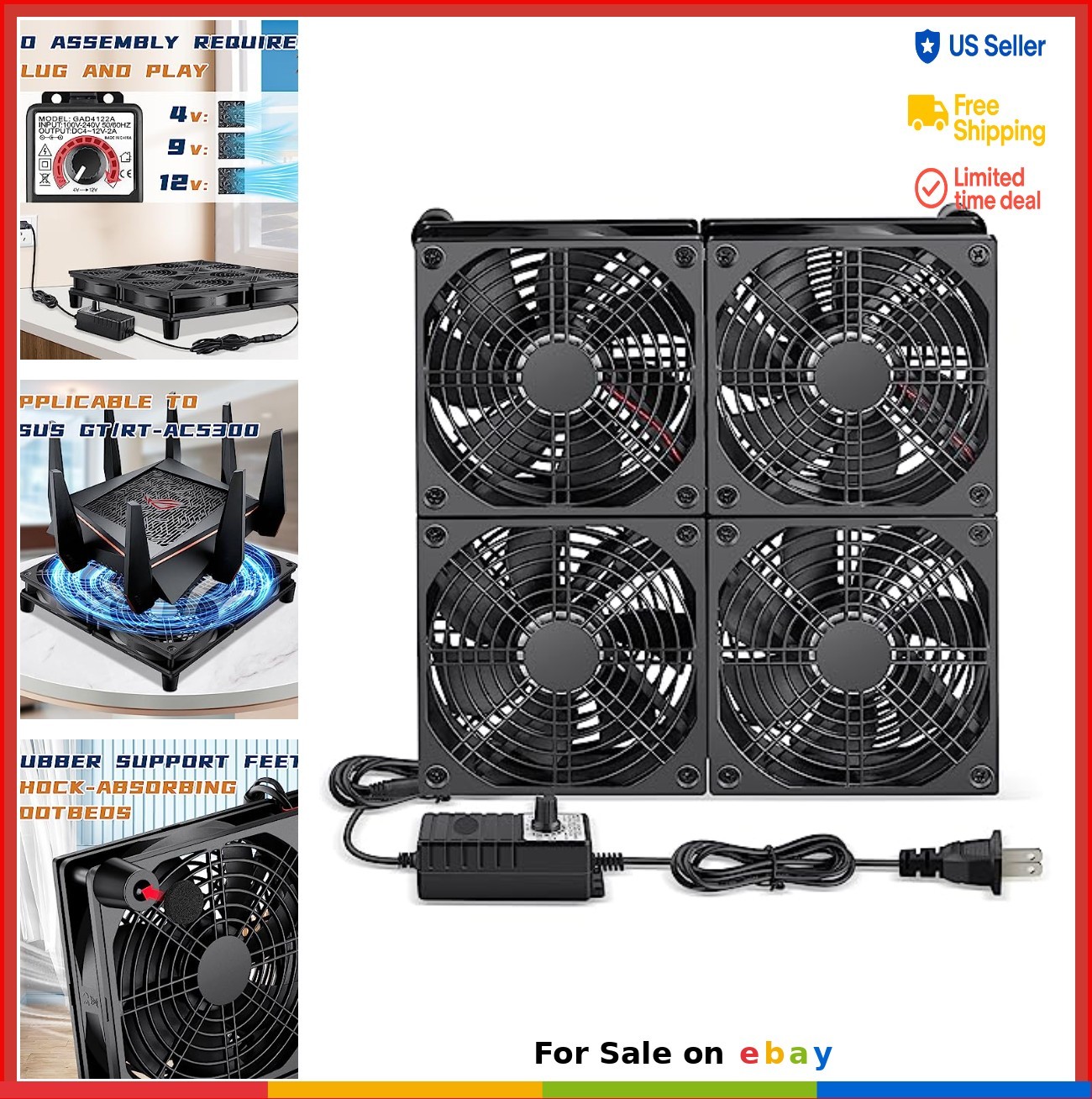 4X 120mm Flat Router Cooling Box Fan Variable Speed 12V 2000RPM AC Adapter