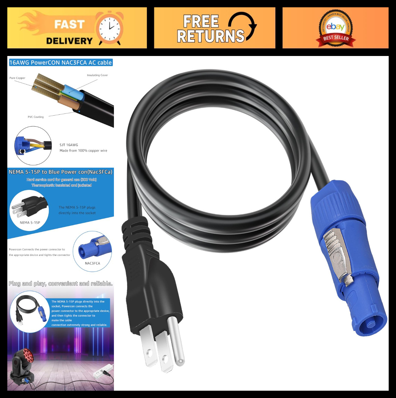 3-Prong PowerCON to NEMA 5-15P Cable, 20A 16AWG, 1.2M/3.9FT for Stage Lights