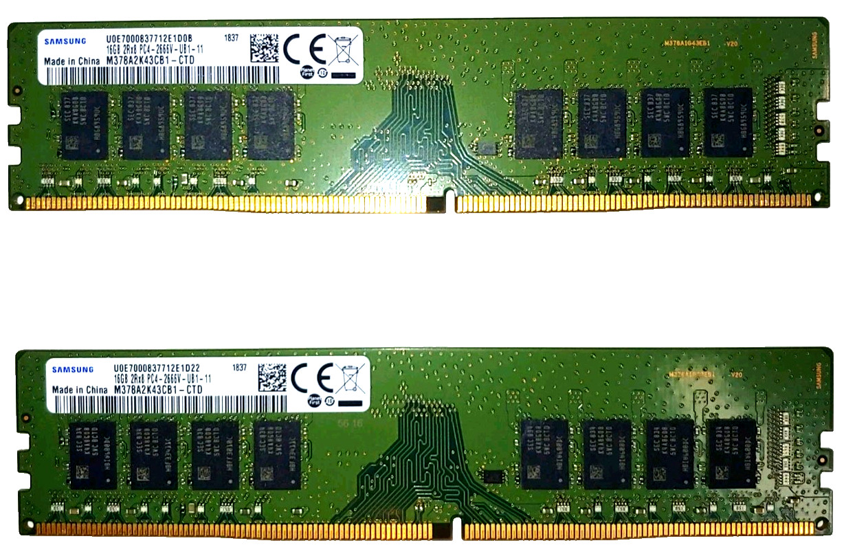2 Sticks 16GB (32GB) 2RX8 PC4-2666V-UB1-11 Samsung Desktop RAM DDR4 DIMM