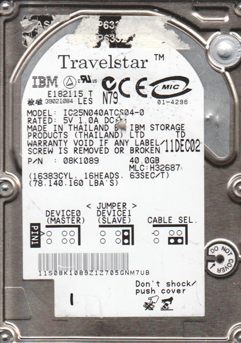 IBM Travelstar IC25N040ATCS04-0 Pn 08K1089 MLC H32687 IBM 40GB IDE 2.5 Hard