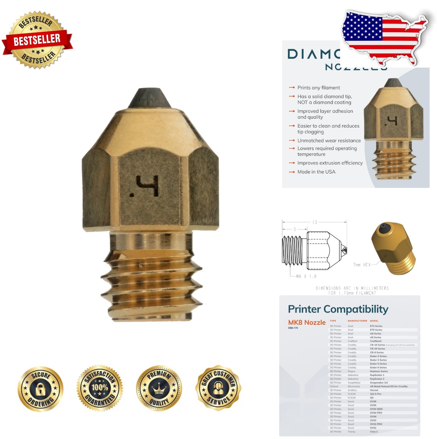 Diamondback 3D Printer Nozzle 0.4mm Diamond Tip for Any Filament, Extended Life
