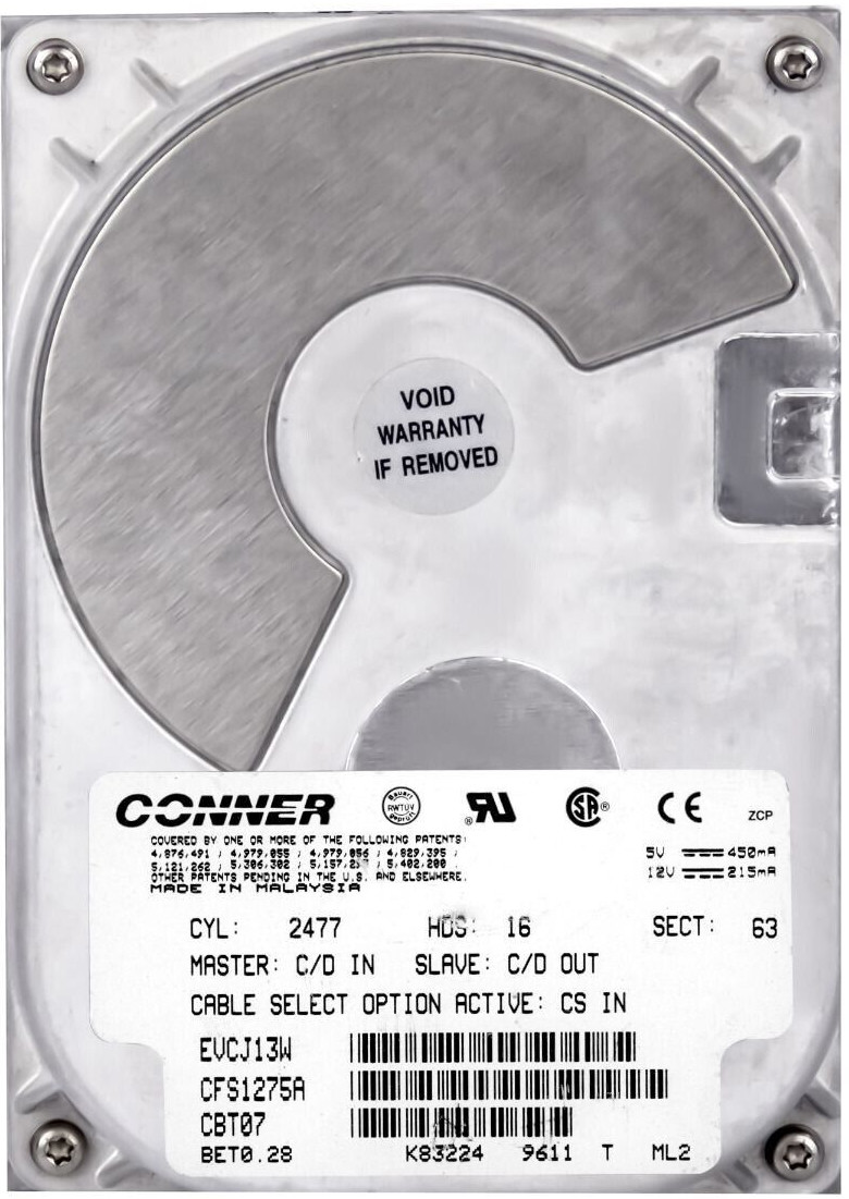 HARD DRIVE CONNER CABO CFS1275A 1.2GB 3600RPM 64KB CACHE IDE ATA 3.5'' inch